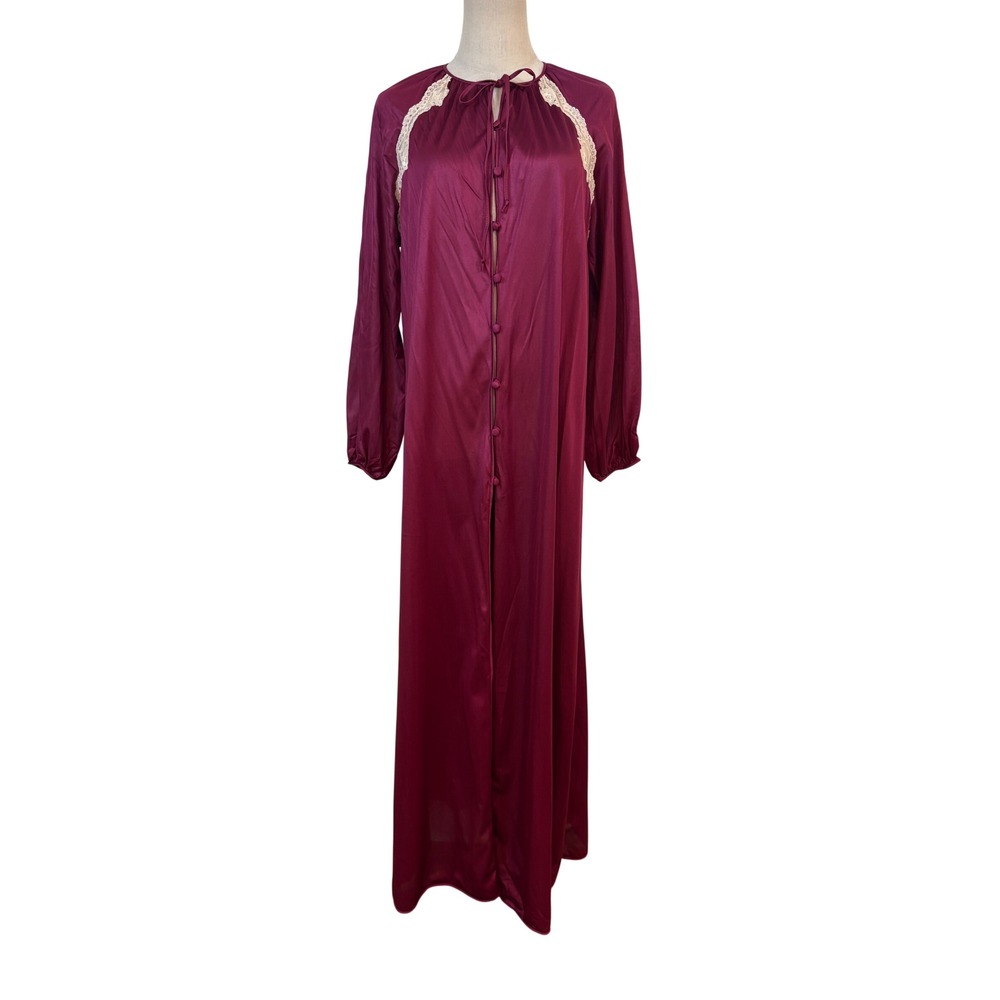 Vtg 70" Robe Womens M Burgundy House Coat Lace Trim Glam Romantic coquette retro
